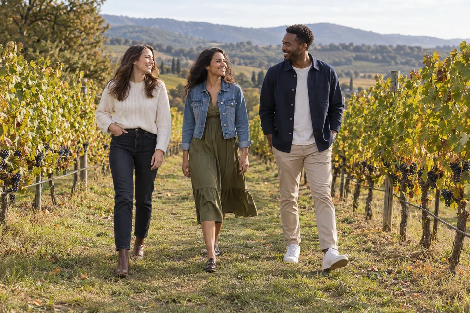 Drei Erwachsene in einem Strickstrick, Olivenkleid und Marine-Overshirt, die durch einen Herbstweinberg gehen