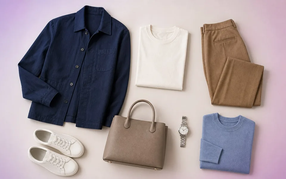 A capsule wardrobe with a navy overshirt, white T-shirt, camel trousers, sneakers, bag, watch, and blue knit