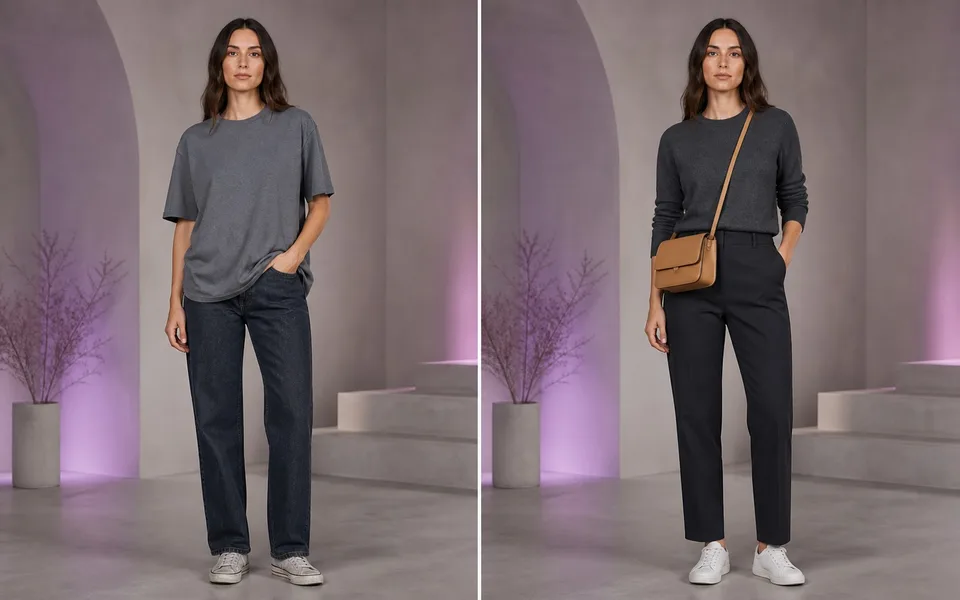 The same woman wearing a casual gray outfit and a refined charcoal outfit side by side