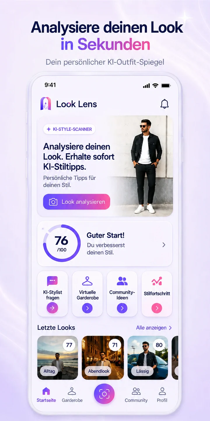 Look Lens Home Screen zeigt KI-Outfit Scan und persönliche Stil-Tools