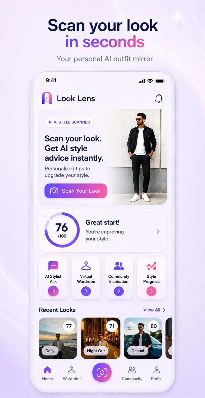 Look Lens home screen showing AI outfit scan and personal style tools