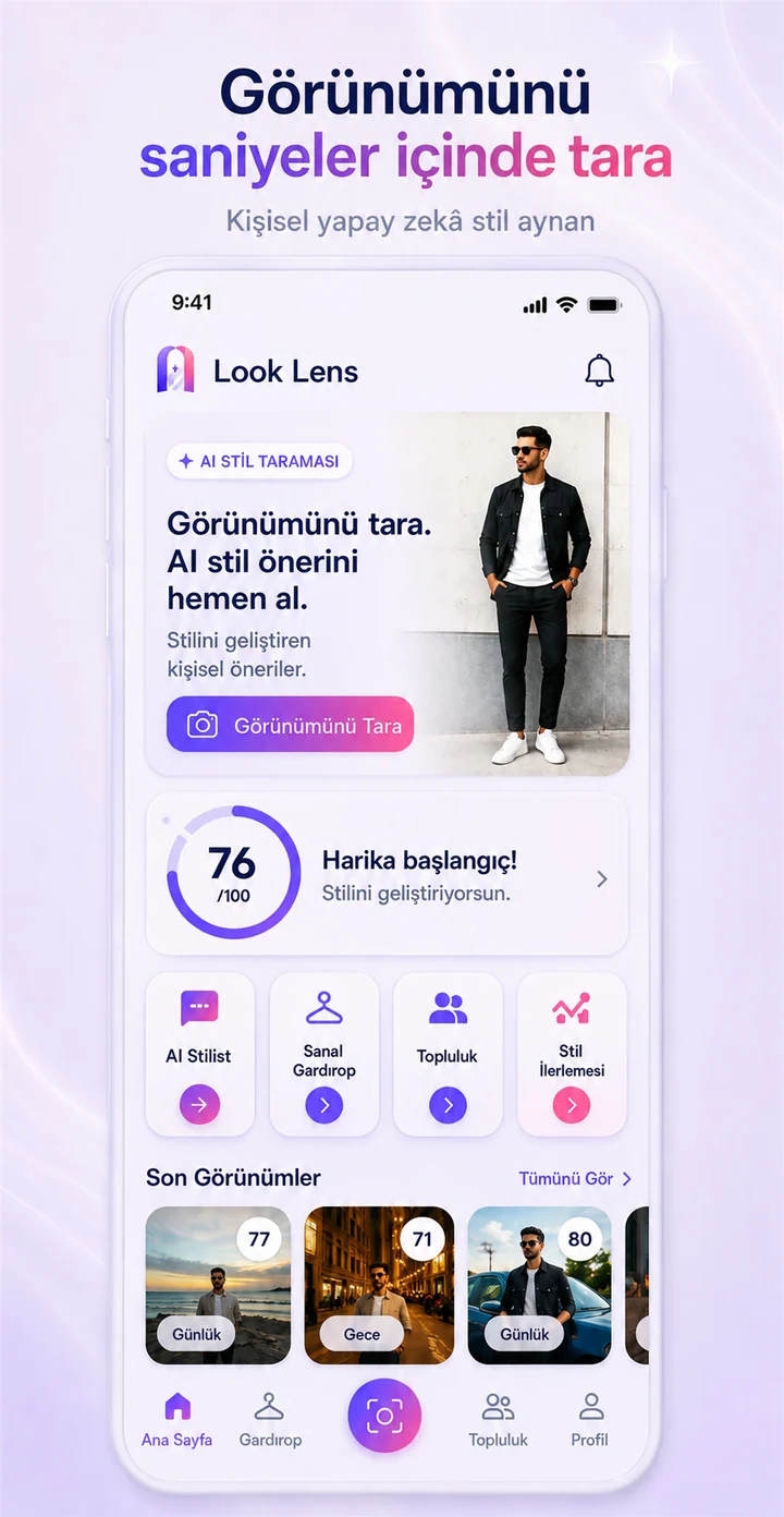 Türkçe Look Lens ana ekranı; AI kombin taraması, stil puanı ve kişisel stil araçları